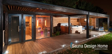 Outdoor hot tub with sauna